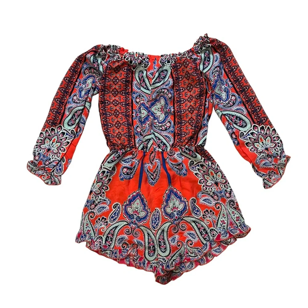 Venus Romper Off The Shoulder Floral Paisley Print Ruffle Long Sleeve - Picture 8 of 11